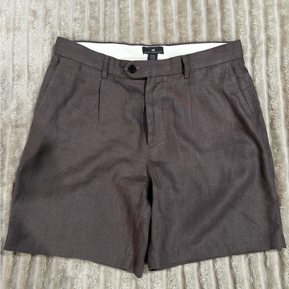 H&M Linen Dark Brown Flat Front Men's Shorts
